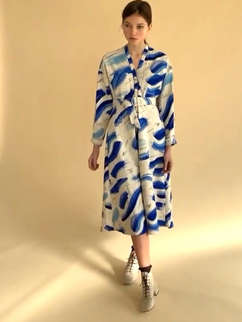 Claire Heinui Blue Brushstroke Print Samira Dress with Belt